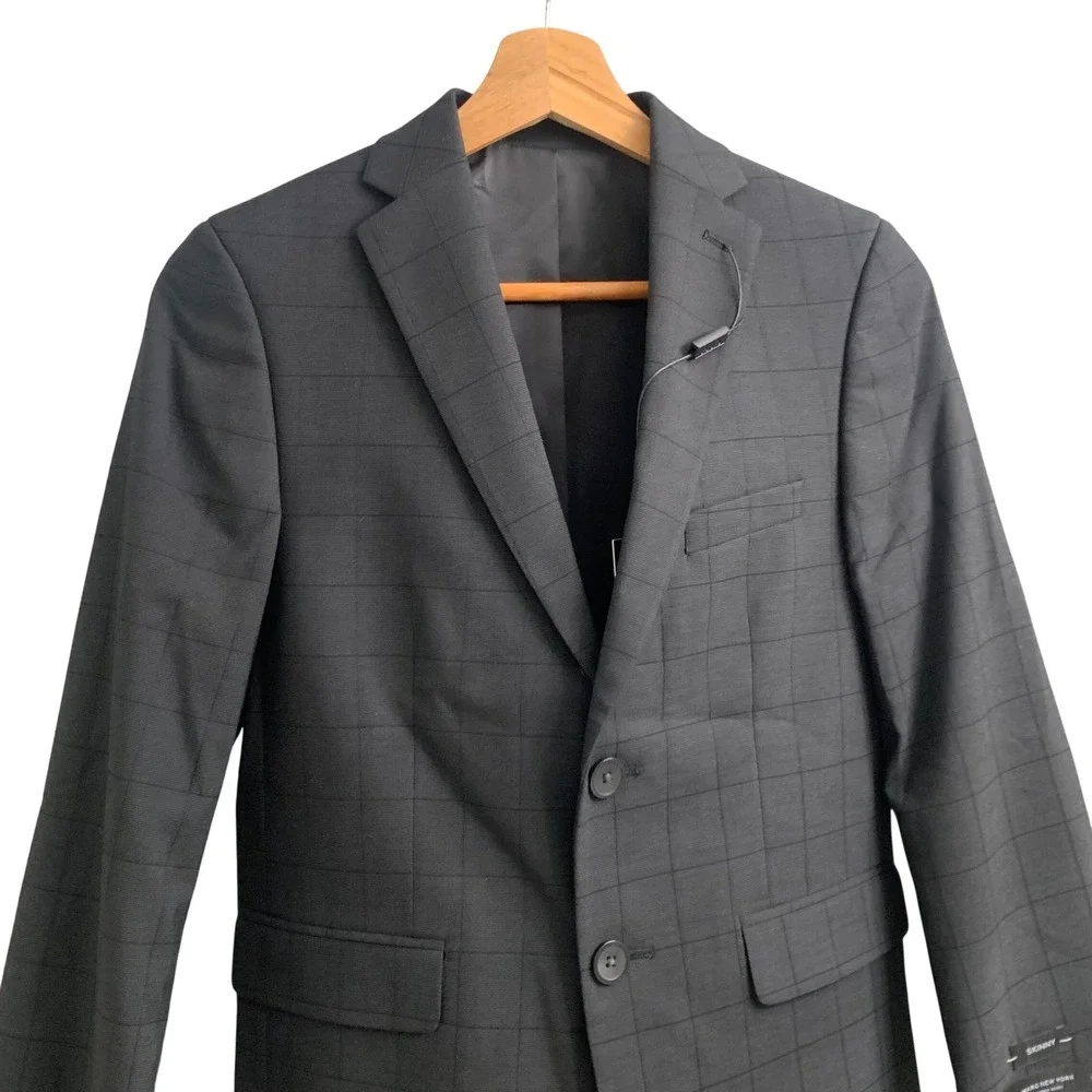 Mark New York Boys Cromwell Skinny Suit Jacket Blazer Dark Grey Grid Size 12SK